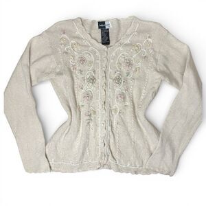 Vtg Whimsi Coquette Embroidered Floral Knit Cardigan Sweater Size Large Silk 90s